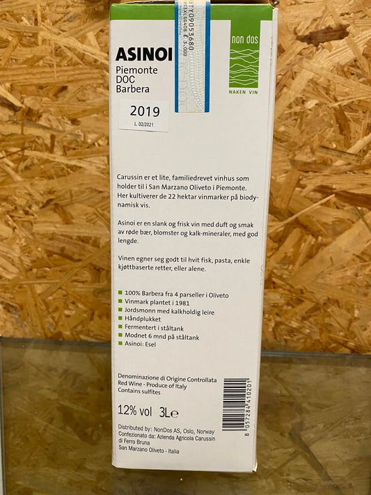 Carussin Barbera D'asti DOCG "Asinoi" 3 liter Bag in Box 2019 Sterk natuurlijk